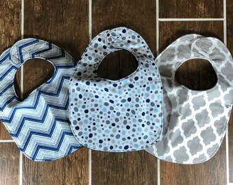 Baby Boy Flannel Bibs- 3 pack Coordinating bibs - Pebbles, Chevron, Moroccan Patterns - Blue & Gray