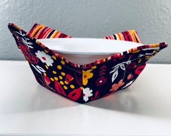 Floral Microwave Bowl Cozy, Reversible Cotton Fabric, Pinks and Yellow