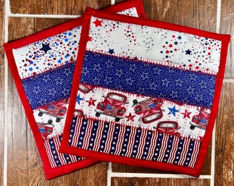 Patriotic Quilted Pot Holders, Red Truck Fabric, Set of 2