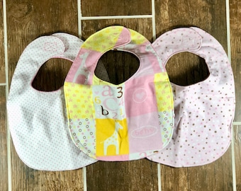 Flannel Baby Girl Bibs - 3 pack Coordinating bibs - Baby Block & Polka Dot - Pink, Yellow, Brown
