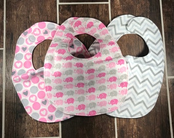 Baby Girl Bibs - Elephant Theme - 3 Pack Bibs - Traditional Bibs