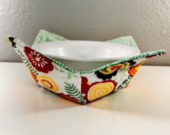 Floral Microwave Bowl Cozy, Reversible Cotton Fabric