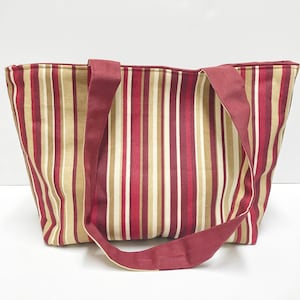 Striped Tote Bag, Canvas Shoulder Bag, Red Tote with inside pocket