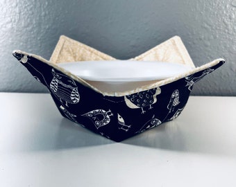 Soup Bowl Cozy, Microwave Bowl Cozy, Owls - Cream & Black