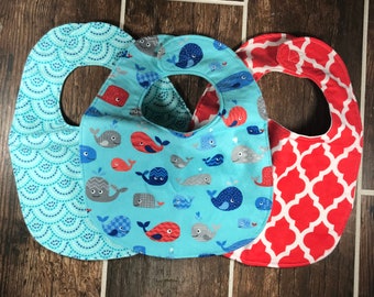 Baby Flannel Bibs - 3 pack Coordinating bibs- Whale Theme Red & Blue - Traditional Bibs