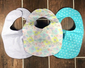 Flannel Baby Girl 3 pack Coordinating bibs - Flowers, Polka Dots, Gingham - Purple & Teal - Traditional Bibs