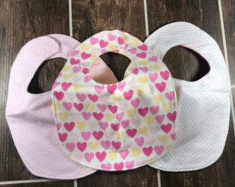 Baby Girl Bibs - Pink Hearts - Traditional Bibs - 3 Pack Coordinating Bibs