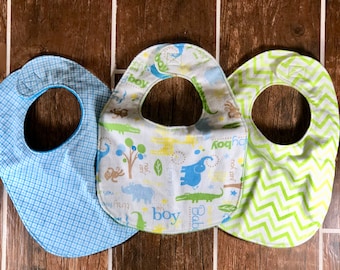 Baby Boy Flannel Bibs- 3 pack Coordinating bibs - Jungle animal theme - Traditional Bibs