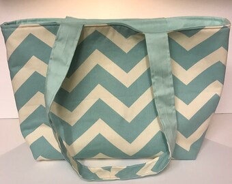 Light Blue and White Chevron Tote Bag, Canvas Tote Bag, Small Beach Bag, Travel Bag, Bag for women, Shoulder Bag, Canvas Bag, Teacher Tote