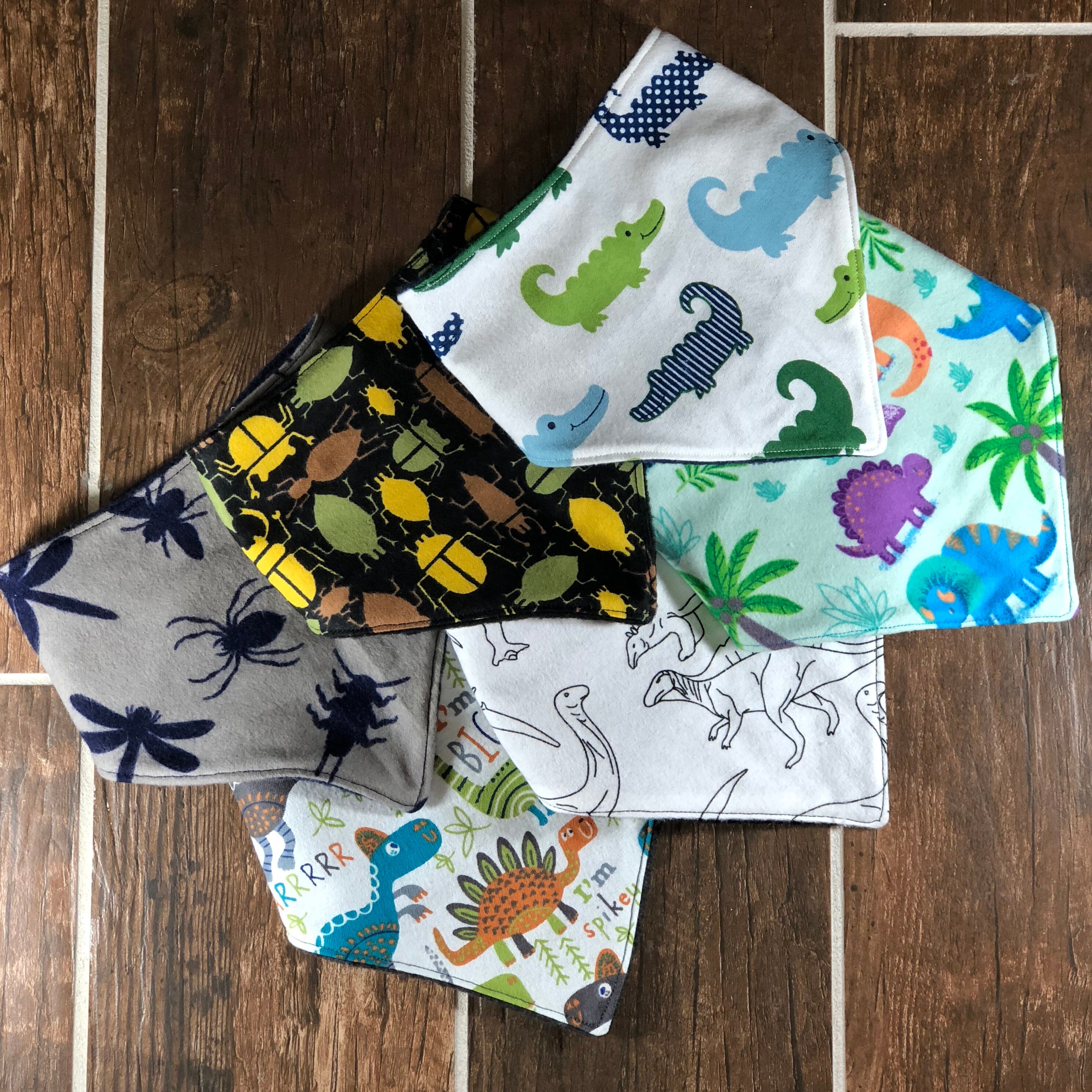 Bandana Bibs, Baby Bibs, Baby Boy Bandana Bibs, Dinosaur Bandana Bibs, Drool Bibs, Flannel Bandana Bibs, Fleece Bandana Bib, Bugs, Dinos