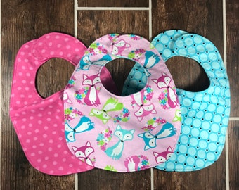 Flannel Baby Bibs - Foxes - Traditional Bibs - 3 Coordinating Bibs