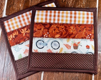 Quilted Fall Potholders, Muted Colors, Hot Pads Set of 2
