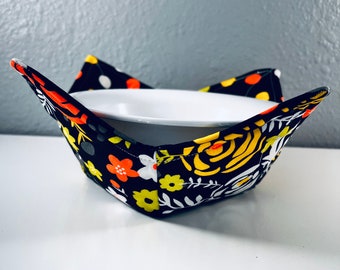 Microwave Bowl Cozy, Neon Floral, Reversible Cotton Cozy