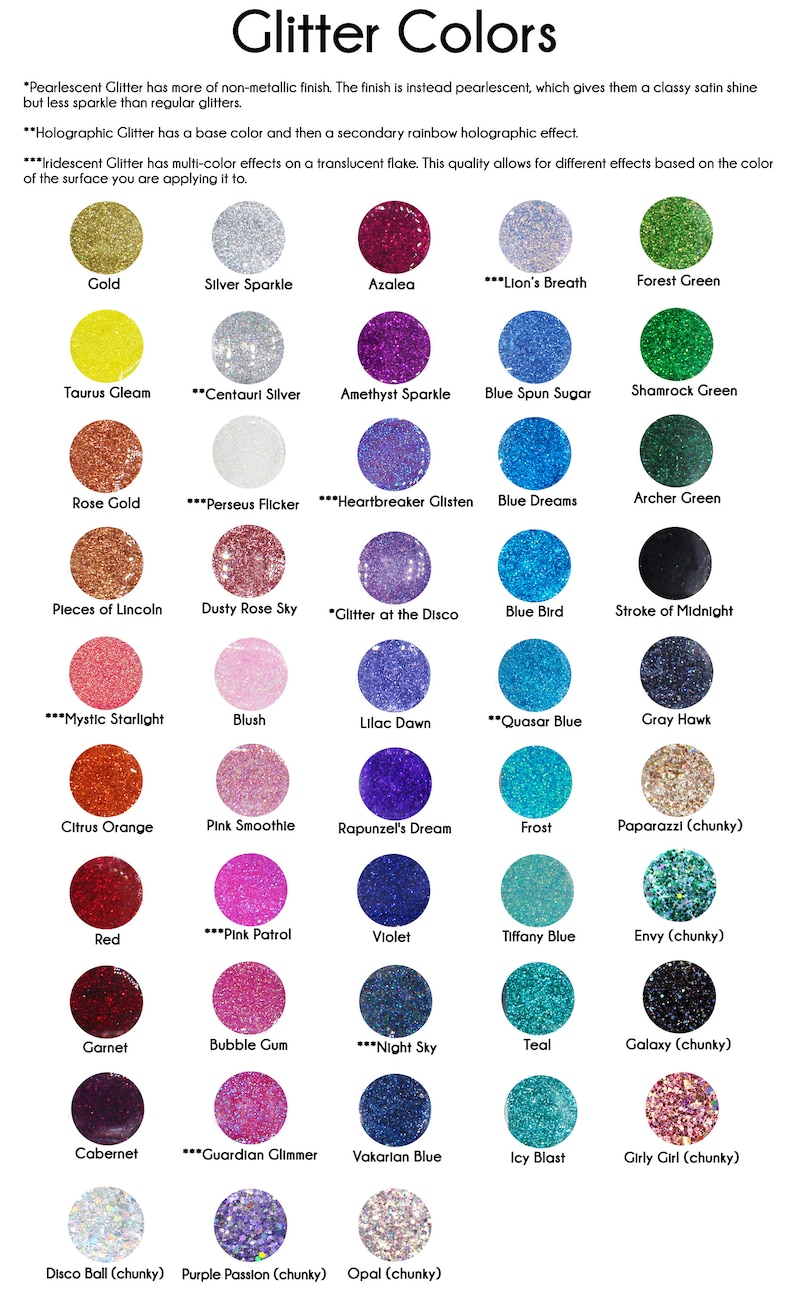Puede incluir: Una tabla de colores de purpurina con nombres como "Gold", "Silver Sparkle", "Azalea", "Forest Green", "Taurus Gleam", "Centauri Silver", "Amethyst Sparkle", "Blue Spun Sugar", "Shamrock Green", "Rose Gold", "Perseus Flicker", "Heartbreaker Glisten", "Blue Dreams", "Archer Green", "Pieces of Lincoln", "Dusty Rose Sky", "Glitter at the Disco", "Blue Bird", "Stroke of Midnight", "Mystic Starlight", "Blush", "Lilac Dawn", "Quasar Blue", "Gray Hawk", "Citrus Orange", "Pink Smoothie", "Rapunzel's Dream", "Frost", "Paparazzi (chunky)", "Red", "Pink Patrol", "Violet", "Tiffany Blue", "Envy (chunky)", "Garnet", "Bubble Gum", "Night Sky", "Teal", "Galaxy (chunky)", "Cabernet", "Guardian Glimmer", "Vakarian Blue", "Icy Blast", "Girly Girl (chunky)", "Disco Ball (chunky)", "Purple Passion (chunky)" y "Opal (chunky)".