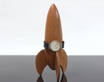 Watch stand multiple watches display holder, Space rocket, solid oak,