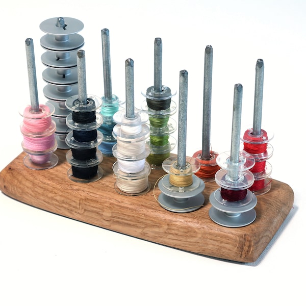 Sewing Bobbin/spool holder, solid oak and rustic zinc,  Any size bobbin including size M.  70 to 80 bobbins