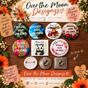 May include: A collection of circular and square pin-back buttons featuring the text Please visit JW.ORG. Designs include green plaid, a tropical beach, cartoon animals, floral patterns, and a panda. The set includes metal pin backs and fasteners.