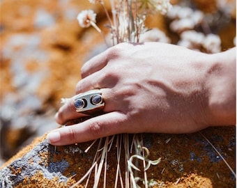 Dream Eclipse Ring, Gold, Feature, Crystal, Power, Statement, jewellery, labradorite, quartz, amethyst, gemstone, moon, big, handmade, gift