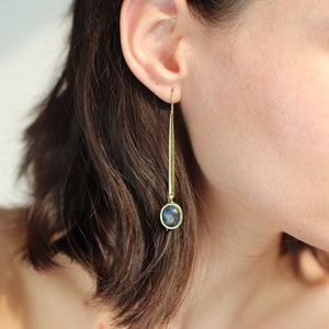 Può includere: Un paio di orecchini lunghi dorati con una pietra preziosa blu scuro alla fine di ogni orecchino.