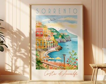 Sorrento Italy Watercolor Printable DIGITAL Art, Amalfi Coast Italy, Italy Travel Poster Wall Art, Italian Beach Coast, Painted Art Print