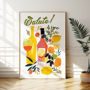 Italienischer Salute Cheers Print, Italien Wein & Spirituosen druckbare DIGITALE Kunst, Retro Hand gezeichnetes buntes Bar Cocktail, italienisches Spritz Dekor Geschenk