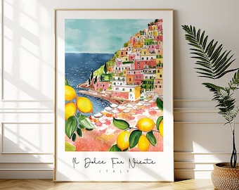 May include: A watercolor painting of a colorful Italian village on a cliffside overlooking the ocean. The village is filled with buildings in shades of pink, yellow, and orange. There are lemon trees in the foreground with yellow lemons. The text "Il Dolce Far Niente ITALY" is written at the bottom of the painting.