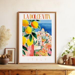 La Dolce Vita Amalfi Coast Italy Painted Rolled Poster Art, Retro Colorful Lemons Positano Italy Wall Art, Watercolor Travel Poster Gift