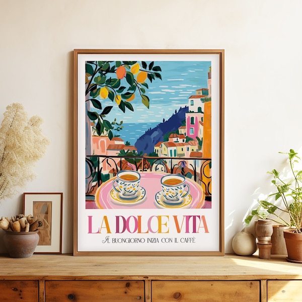 La Dolce Vita Coffee Love Printable DIGITAL Art, Italy Kitchen Wall Art Painting, Pink Retro Italian Coffee Lover Art Print, Home Decor Gift