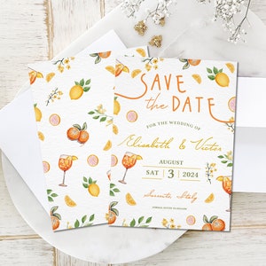 Italiaanse stijl: Save The Date nodigt uit, Italië thema-uitnodiging, spritz en citrus, citroenen en sinaasappels voor- en achterkant, Italiaanse handgetekende