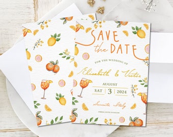 Italian Style Save The Date Invite, Italy Themed Invite, Spritz and Citrus, Lemons and Oranges Front and Back Invite, Italian Hand Drawn