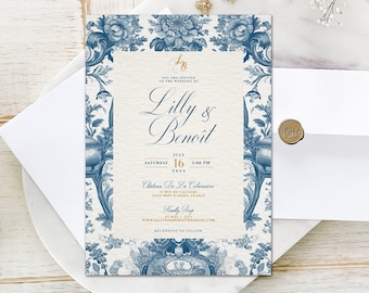 Elegante diseño de invitación de boda de toile francés azul y blanco, invitación floral de toile francés, boda de chateau francés, invitación de boda vintage