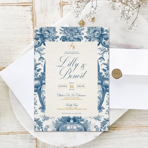Classy Blue and White French Toile Wedding Invitation Design, French Toile Floral Invite, French Chateau Wedding, Vintage Wedding Invite