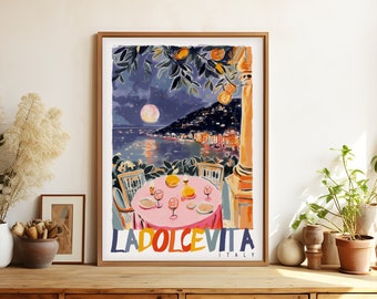La Dolce Vita Italy Painted DIGITAL Printable Art Retro Colorful Night Amalfi Coast Wall Art Print, Whimsical Watercolor Travel Poster Gift