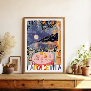 La Dolce Vita Italy Painted DIGITAL Printable Art Retro Colorful Night Amalfi Coast Wall Art Print, Whimsical Watercolor Travel Poster Gift