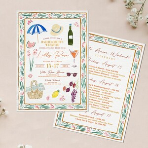Italian Style Beachy Vacation Bachelorette Party Weekend Invite Itinerary, Italy Themed Printable Painted Hen Party Getaway Invitation