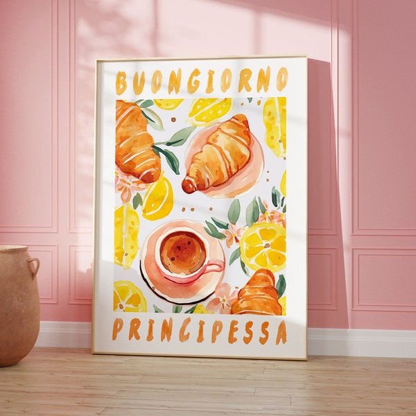 Buongiorno Principessa, art numérique imprimable, café italien, citrons, croissants, peinture murale de cuisine, cadeau de décoration d'intérieur pour amateur de café italien
