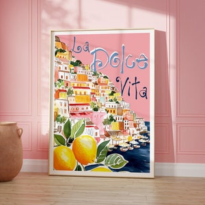 La Dolce Vita Amalfi Coast Italy Painted Rolled Poster Art, Retro Pink Watercolor Positano Italy Wall Art, Italy Travel Poster, Italy Gift