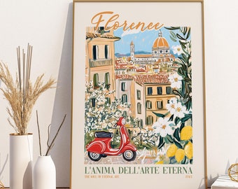 Op de afbeelding: Een digitale print van een kleurrijke illustratie van Florence, Italië. De illustratie toont een rode scooter, een uitzicht op de skyline van de stad en de tekst "Florence, L'Anima Dell'Arte Eterna, The Soul of Eternal Art, 1923".