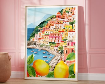 Amalfi Coast Italy, Watercolor Lemons Printable DIGITAL Art, Positano, Lemons Italy Travel Poster, Italian Beach Coast, Painted Art Print