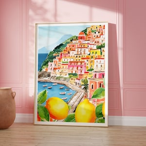 Amalfi Coast Italy, Watercolor Lemons Printable DIGITAL Art, Positano, Lemons Italy Travel Poster, Italian Beach Coast, Painted Art Print