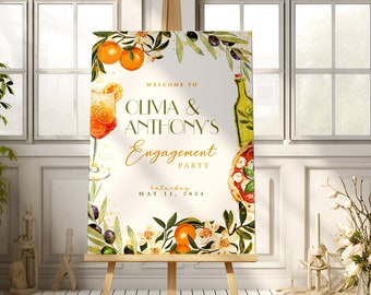 Italian Engagement Party Welcome Sign Digital Printable, Italy Themed Wedding Decor with Oranges, Pizza, Greenery, Cocktail Table Decoration