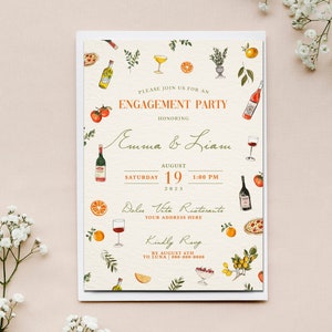 Italian Style Engagement Party Invite, Italy Themed Invite, Hand Drawn Invite, Wine, Pizza, Lemons, Birthday, Rehearsal Dinner Invite, Artsy