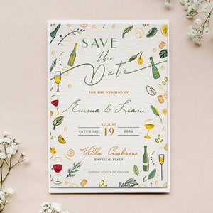 Italian Style Save the Date Wedding Invite, Italy Themed Invite, Hand Drawn Invite, Wine, Pasta, Lemons, Birthday, Rehearsal Dinner Invite