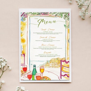 Funky italienisches Abendmenu zum Ausdrucken, Italien Themen-Menü, Positano Spritz und Pizza-Menü, Verlobungs- & Hochzeitsfeier, Geburtstagskarte