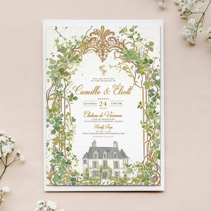 Diseño de invitación de boda de castillo francés, invitación de boda vintage del sur de Francia, vegetación de castillo francés, invitación de boda pintada a mano
