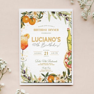Faire-part d'anniversaire à l'italienne, oranges à l'italienne, invitation à dîner sur le thème de l'Italie, spritz et pizza, carte d'anniversaire imprimable