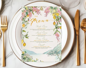 Hanging Lemons Amalfi Coast Italian Themed Printable Dinner Drinks Menu, Italy Watercolor Food Menu, Engagement & Wedding Menu, Birthday