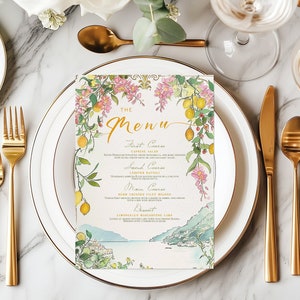 Menú de bebidas para cena imprimible con temática italiana de limones colgantes de la costa de Amalfi, Menú de comida de acuarela de Italia, Menú de compromiso y boda, Cumpleaños