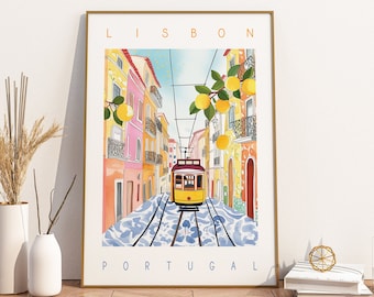 Poster di viaggio di Lisbona, Portogallo: arte colorata ad acquerello del treno