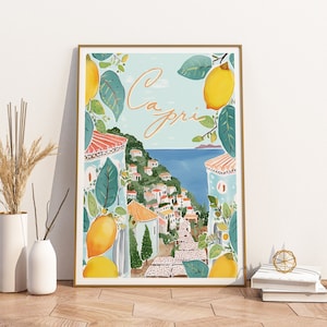 Capri Italy Lemons Rolled Poster Print, Amalfi Coast Italy Travel Poster, Sorrento Italy, Capri Watercolor Wall Decor, Home Decor, Art Gift